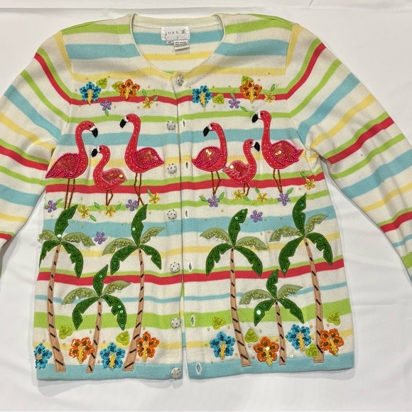Just B Sweaters - Just B Button Front Cardigan, Flamingos, Embellishments, Women’s Size Medium